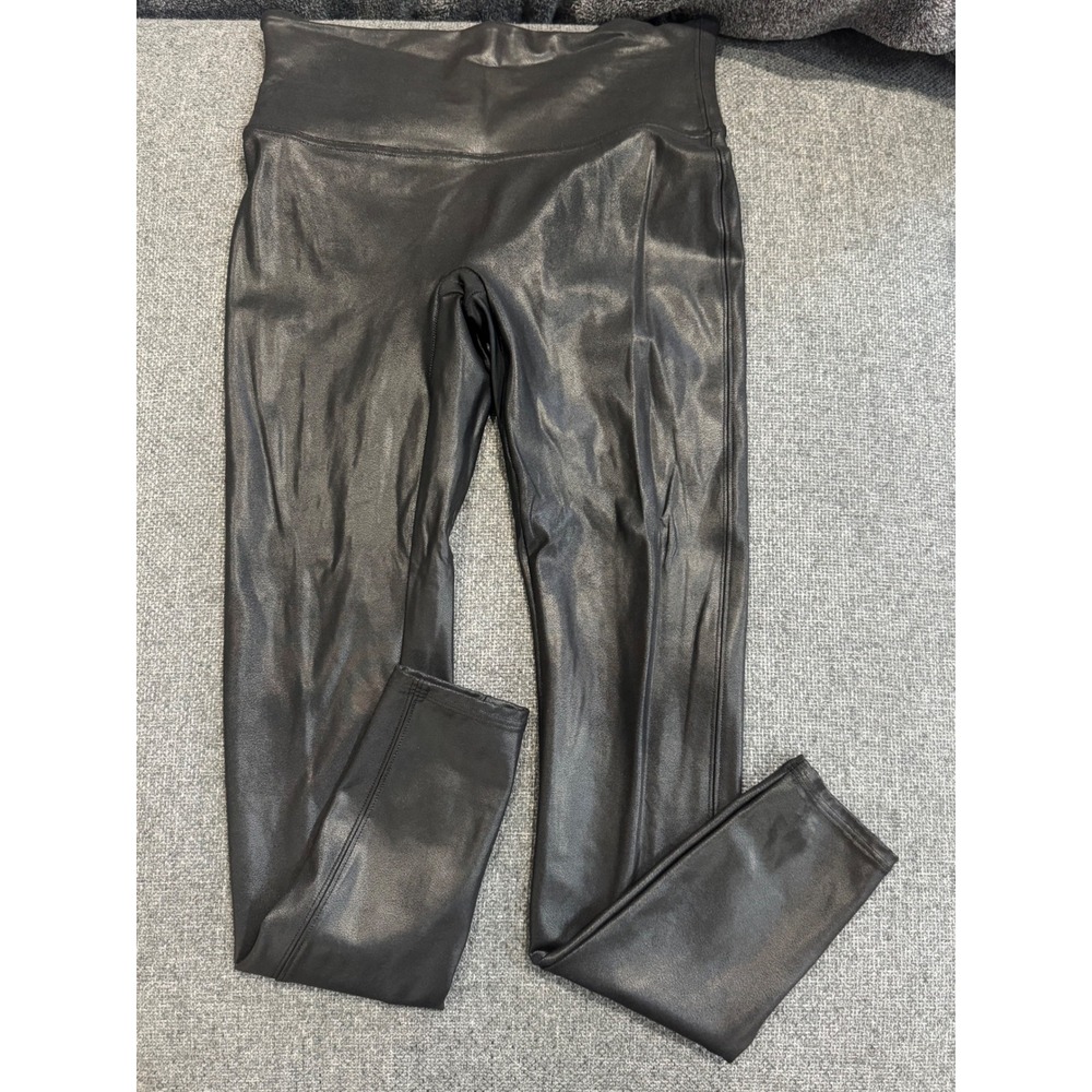 Spanx Faux Leather Leggings Black High Waisted Shimmer Size Large 20190R